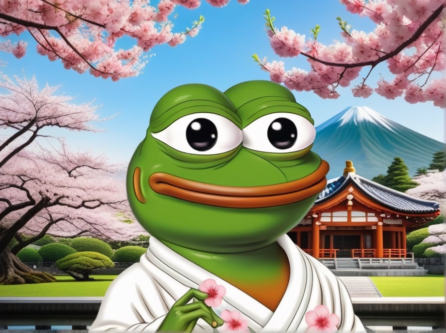 realistic ultrarealistic photorealistic full body portrait of a happy Pepe the frog (((pepe_frog))) on deep meditation, on a Japanese shrines with a garden and blooming sakura trees