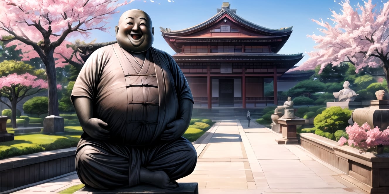 One gigantic imense statue of Budai Hotei of the size of a building smiling fatty happy in the middle of the background sitting, bare chest with fat belly monk clothing covering his arms, with classical Chinese sculpture texture, semi-realistic, with beautiful Japanese garden in the background with blooming sakura trees, with foot size tiny people walking by,museum collection,well defined traits, painting, digital illustration,realistic,ultrarealistic,photorealistic