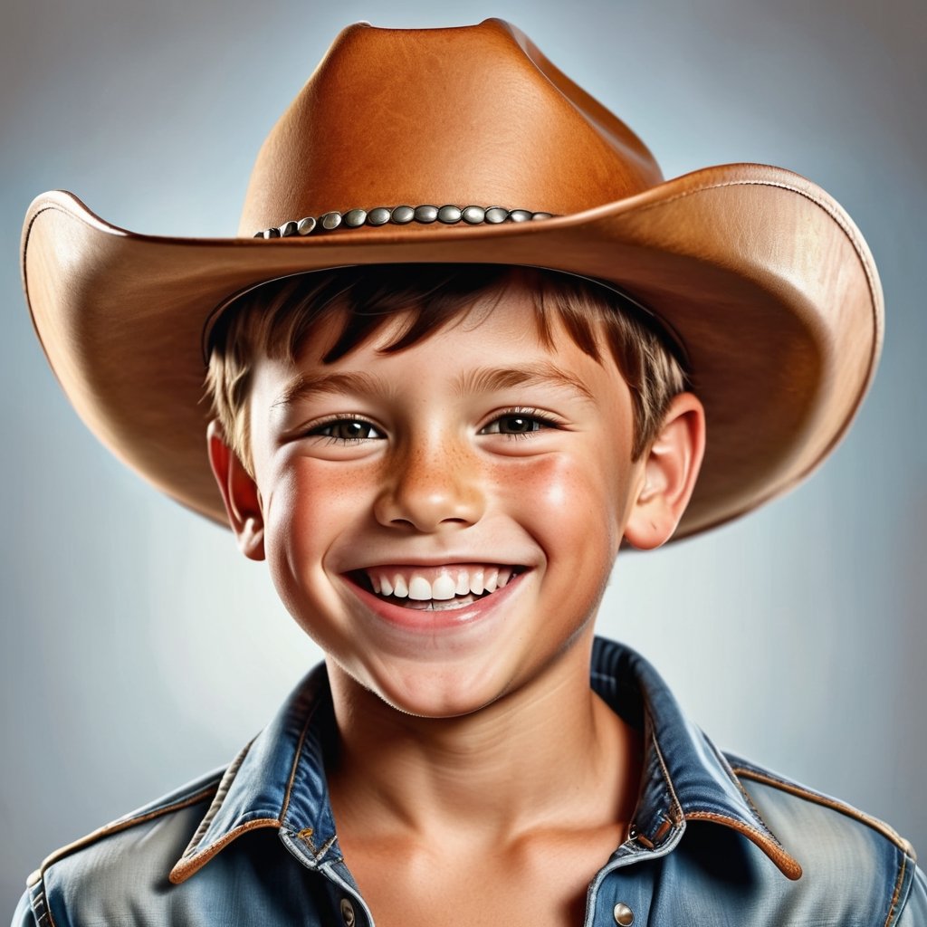 portrait of a brunette boy with tan ginger skin with big smile wearing leather cowboy redneck hat,photorealistic