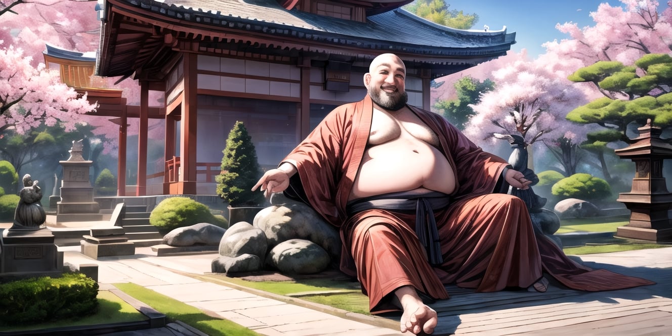 One gigantic imense Budai Hotei statue of the size of a building smiling fatty happy in the middle of the background sitting, bare chest with fat belly monk clothing covering his arms, with classical Chinese sculpture texture, semi-realistic, with beautiful Japanese garden in the background with blooming sakura trees, with foot size tiny people walking by,museum collection,well defined traits, painting, digital illustration,realistic,ultrarealistic,photorealistic