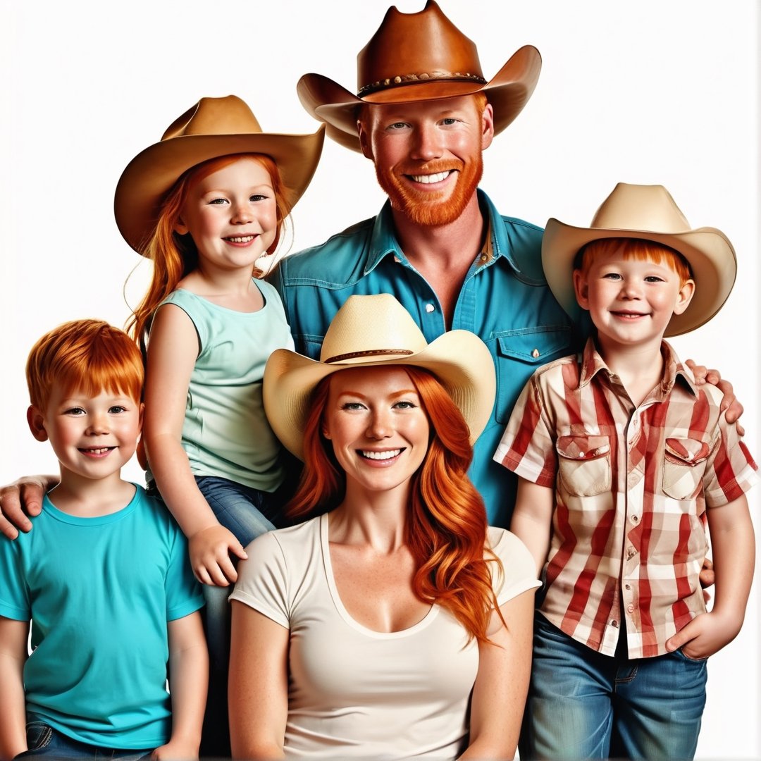 portrait of a ginger redneck family, with mother husband and their many ginger children, with tan skin with big smile, all of them wearing leather cowboy redneck hat,photorealistic