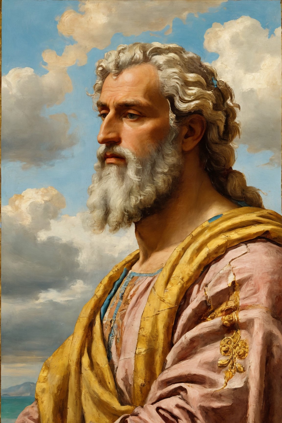 in style of Sandro Botticelli, oil on canvas, painting, heavy brush strokes, impasto, paintbrush, digital illustration. the sideways portrait of a mature bearded 90 years Roman God Janus looking right voluminous blonde hair and beard, both with serene and kind expression, Greek robe, renaissance background, clouds and gold decorations. museum collection. ,dripping paint