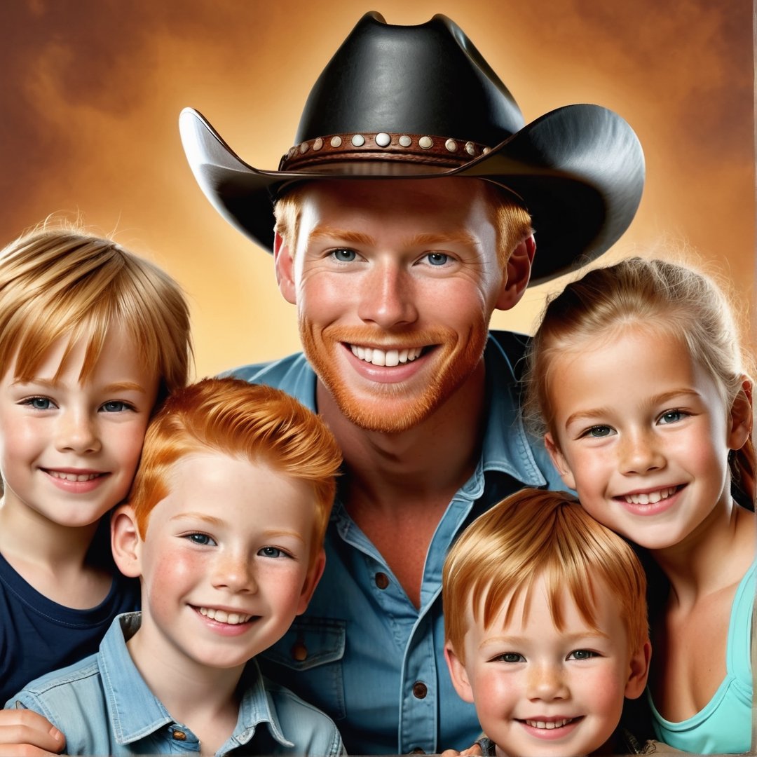 portrait of a ginger boy with this ginger blonde mother, ginger blonde father and siblings, with tan skin with big smile all wearing leather cowboy redneck hat,photorealistic