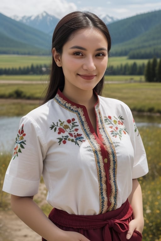 Beautiful Central Asian woman with slightly tan or olive skin, rich cheekbones, at her mid 20's to 30's wearing a embroidered folkloric Ukrainian or Slavic shirt, with a serious expression but slightly smiling pleasantly looking at the camera, realistic photorealistic, with the Altai nature in the background