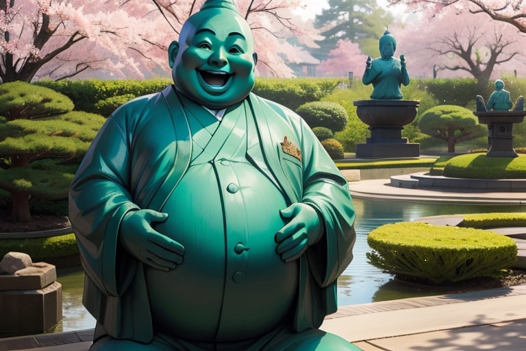 Gigantic imense Budai Hotei statue smiling fatty happy, with belly out, semi-realistic, with beautiful Japanese garden in the background with sakura trees