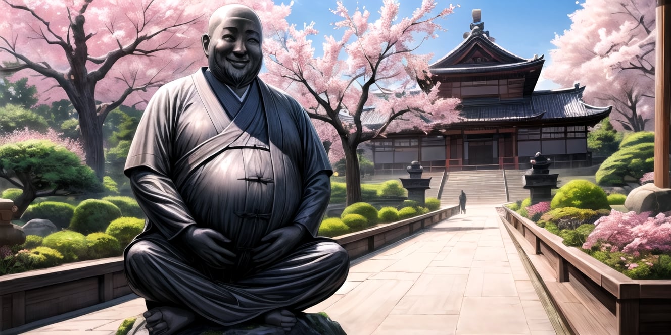 One gigantic imense Budai Hotei statue of the size of a building smiling fatty happy in the middle of the background sitting, bare chest with fat belly monk clothing covering his arms, with classical Chinese sculpture texture, semi-realistic, with beautiful Japanese garden in the background with blooming sakura trees, with foot size tiny people walking by,museum collection,well defined traits, painting, digital illustration,realistic,ultrarealistic,photorealistic