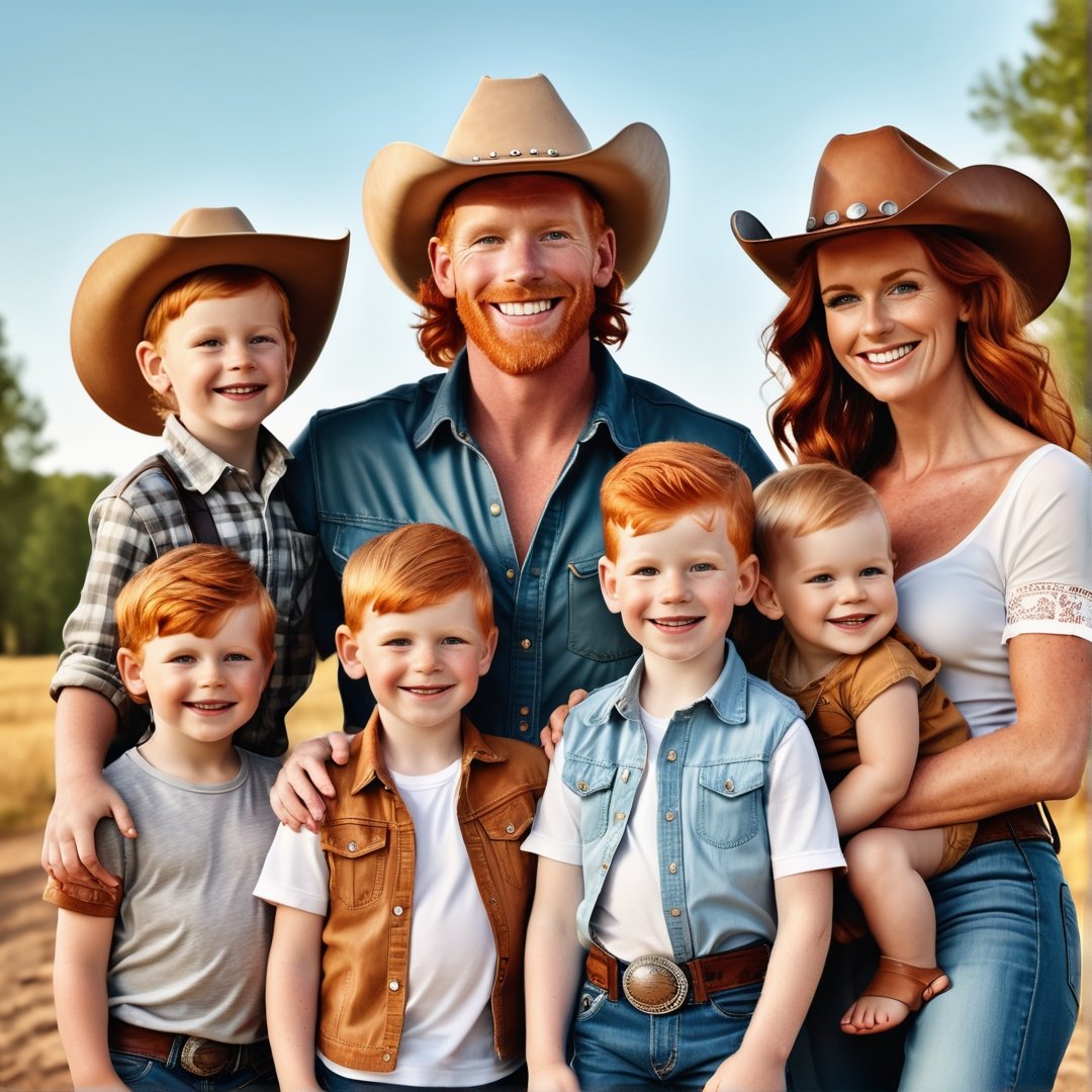 portrait of a ginger redneck family, with mother husband and their many ginger children, with tan skin with big smile, all of them wearing leather cowboy redneck hat,photorealistic