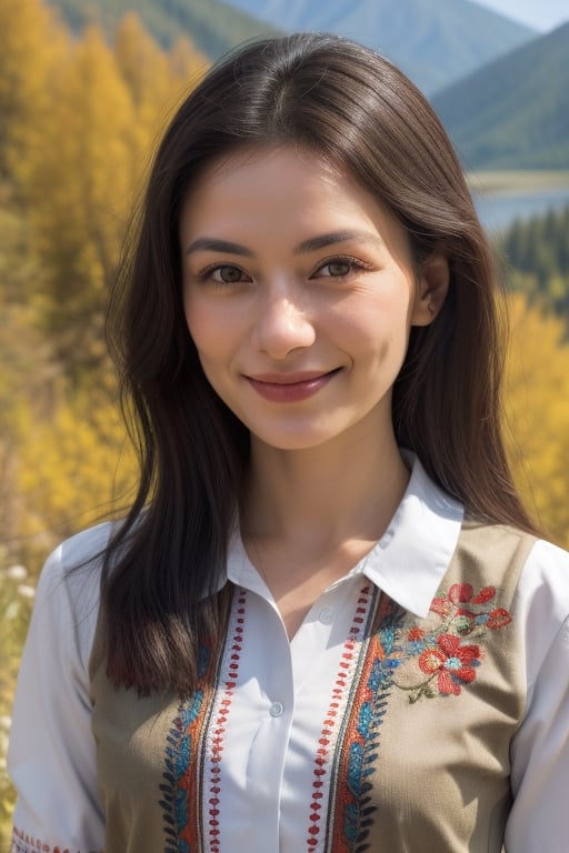 Beautiful Central Asian woman with slightly tan or olive skin, rich cheekbones, at her mid 20's to 30's wearing a embroidered folkloric Ukrainian or Slavic shirt, with a serious expression but slightly smiling pleasantly looking at the camera, realistic photorealistic, with the Altai nature in the background