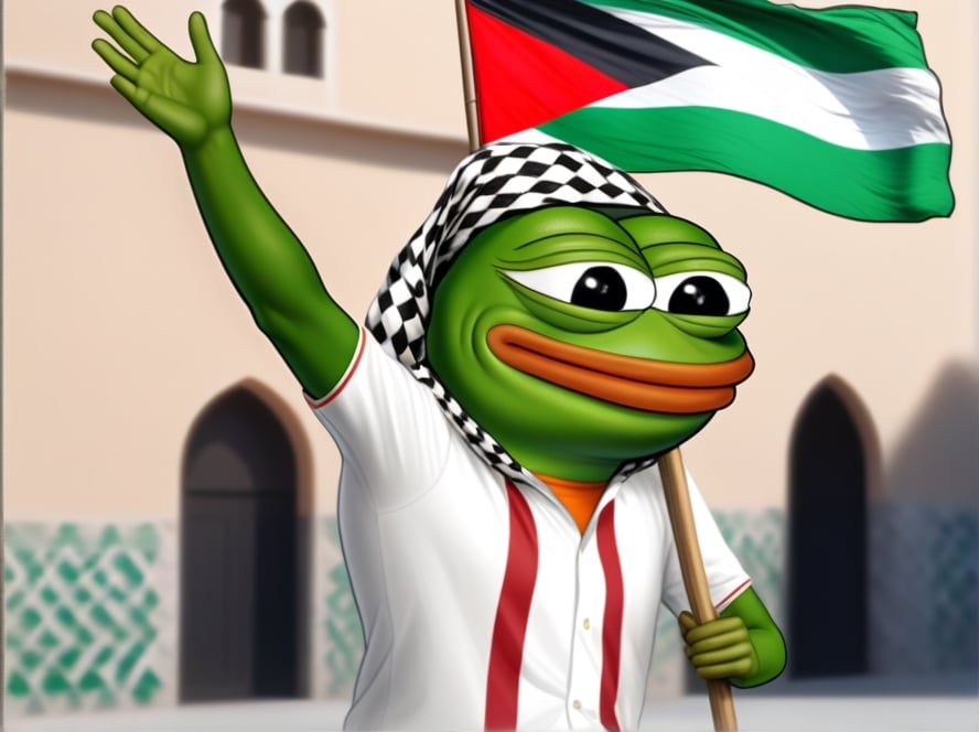 realistic ultrarealistic photorealistic full body portrait of a happy Pepe the frog (((pepe_frog))) waving a Palestinian flag, he wears a keffiyeh around his neck