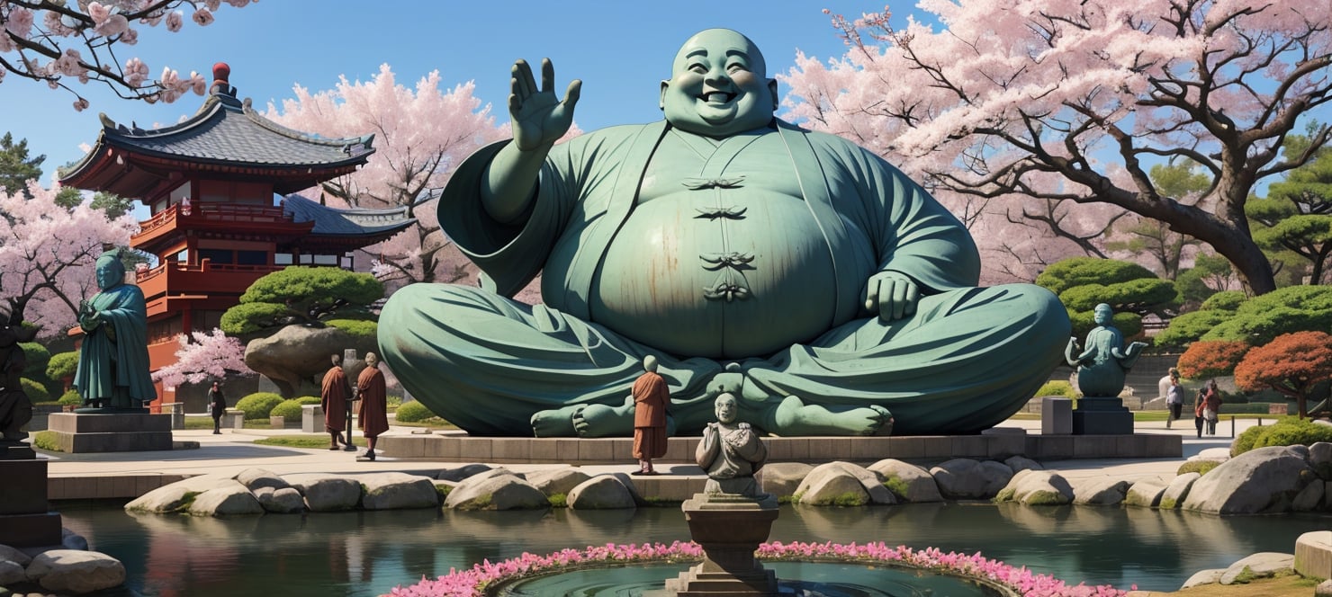 One gigantic imense Budai Hotei statue of the size of a building smiling fatty happy in the middle of the background sitting, bare chest with fat belly monk clothing covering his arms, with classical Chinese sculpture texture, semi-realistic, with beautiful Japanese garden in the background with sakura trees, with foot size tiny people walking by