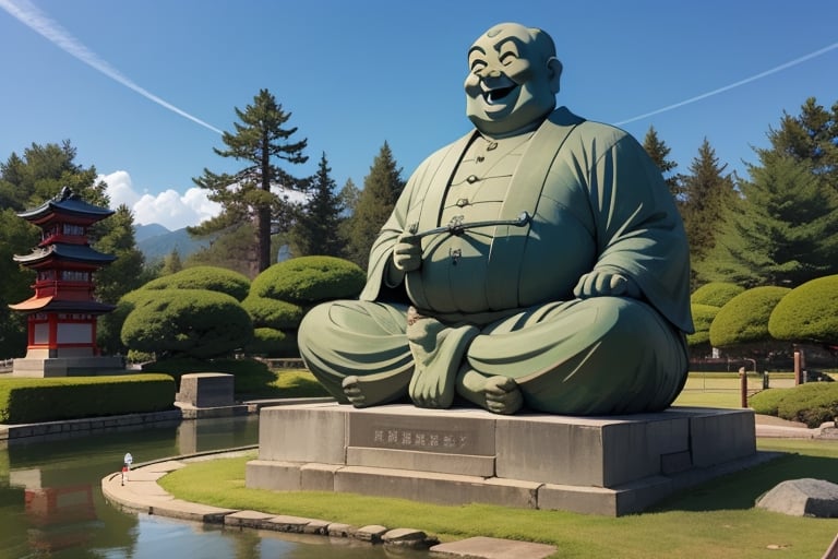 Gigantic Budai Hotei statue smiling fatty happy, with beautiful Japanese garden in the background