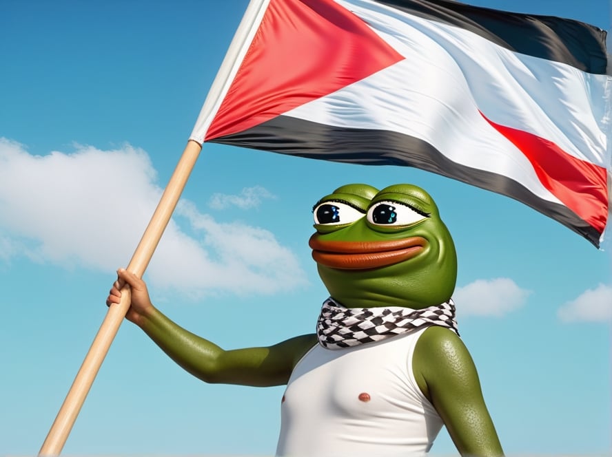 realistic ultrarealistic photorealistic full body portrait of a happy Pepe the frog (((pepe_frog))) waving a Palestinian flag, he wears a keffiyeh around his neck