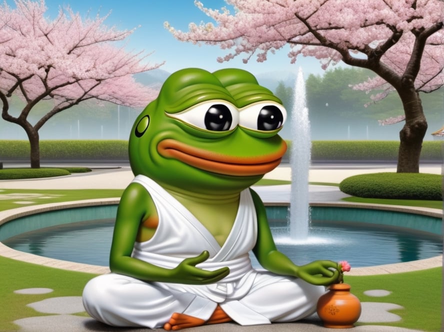 realistic ultrarealistic photorealistic full body portrait of a happy Pepe the frog (((pepe_frog))) on deep meditation, on a Japanese garden with fountains and blooming sakura trees and shrines