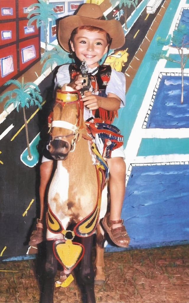 into highly rendered anime, happy ginger boy wearing heather cowboy hat holding a gun and ridding a horse 