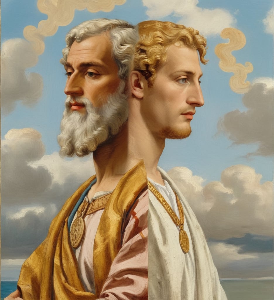 in style of Sandro Botticelli, oil on canvas, painting, heavy brush strokes, impasto, paintbrush, digital illustration. the sideways portrait of a voluminous blonde hair Roman God Janus with two faces in the same head looking at opposite directions, one face is a young and handsome lad looking left and the other face is a bearded 90 years old man looking right, both with serene and kind expression, Greek robe, renaissance background, clouds and gold decorations. museum collection. ,dripping paint