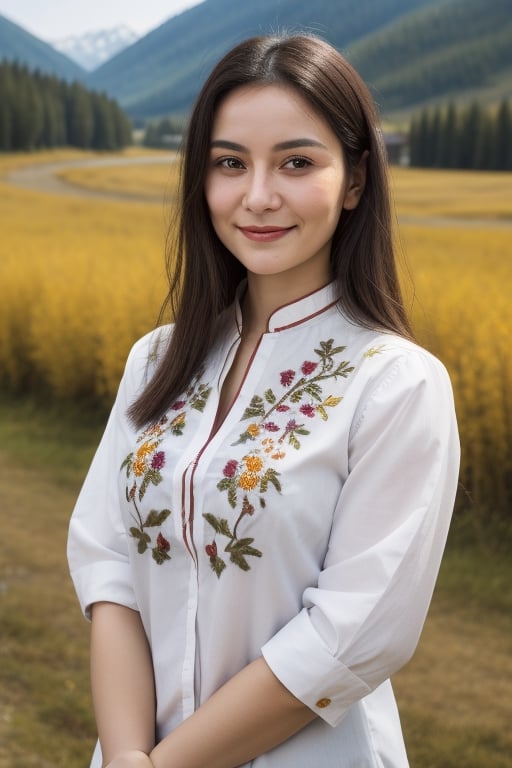 Beautiful Central Asian woman with slightly tan or olive skin, rich cheekbones, at her mid 20's to 30's wearing a embroidered folkloric Ukrainian or Slavic shirt, with a serious expression but slightly smiling pleasantly looking at the camera, realistic photorealistic, with the Altai nature in the background