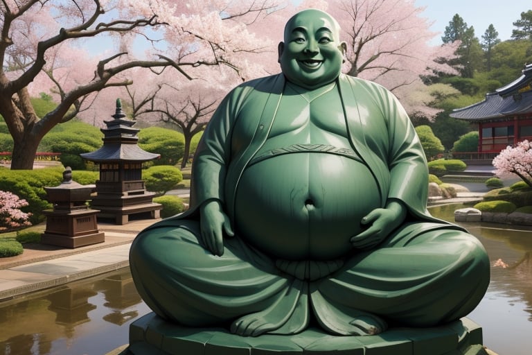 One gigantic imense Budai Hotei statue smiling fatty happy, bare chest with fat belly monk clothing covering his arms, with classical Chinese sculpture texture, semi-realistic, with beautiful Japanese garden in the background with sakura trees