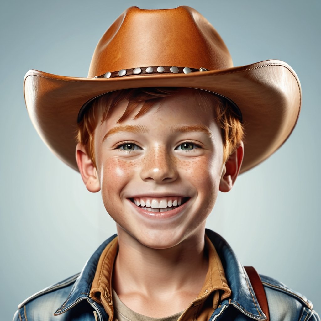 face portrait of a ginger boy with dark tan skin with big smile wearing leather cowboy redneck hat,photorealistic