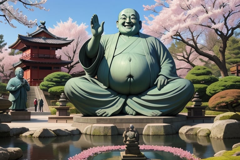 One gigantic imense Budai Hotei statue of the size of a building smiling fatty happy in the middle of the background sitting, bare chest with fat belly monk clothing covering his arms, with classical Chinese sculpture texture, semi-realistic, with beautiful Japanese garden in the background with sakura trees, with foot size tiny people walking by