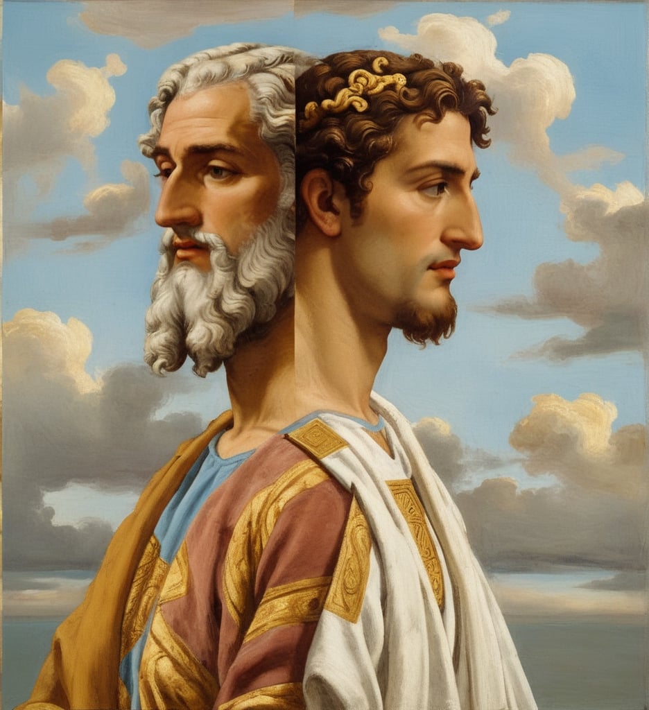 in style of Sandro Botticelli, oil on canvas, painting, heavy brush strokes, impasto, paintbrush, digital illustration. the sideways portrait of double headed Roman God Janus with two heads one on each side with seamless gradient between the right and left sides, both with serene and kind expression, Greek robe, renaissance background, clouds and gold decorations. museum collection. ,dripping paint