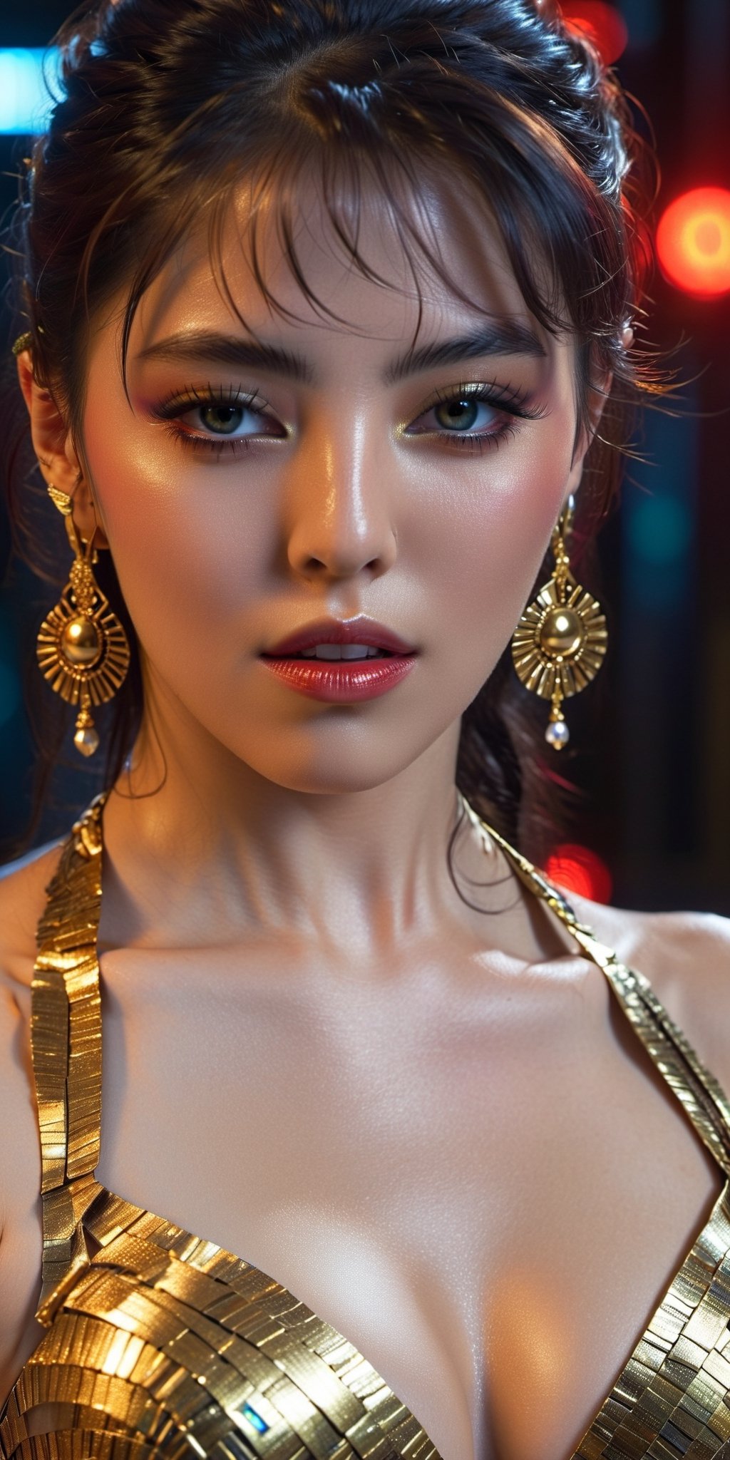 Ultra detailed complex 3d rendering of a beautiful cleopatra, messy hair,, 150mm lens, beautiful soft natural light,wet_clothes, wear cleopatra suit, colorful details, samourai, gold, cleopatra woman,earring pearl, piercing, intricate details, wire mesh anatomical, facial muscles, badass, hyper realistic, ultra detailed, octane rendering, volumetric lighting, 8k post production , iridescent colors, black room, power of god, high angle shot, complex body poses,more detail XL,((big_boobs)),big_tits,red_eyes,red lips,in dark laboratory,frontview,b3rli,cinematic_grain_of_film,xeesoxee