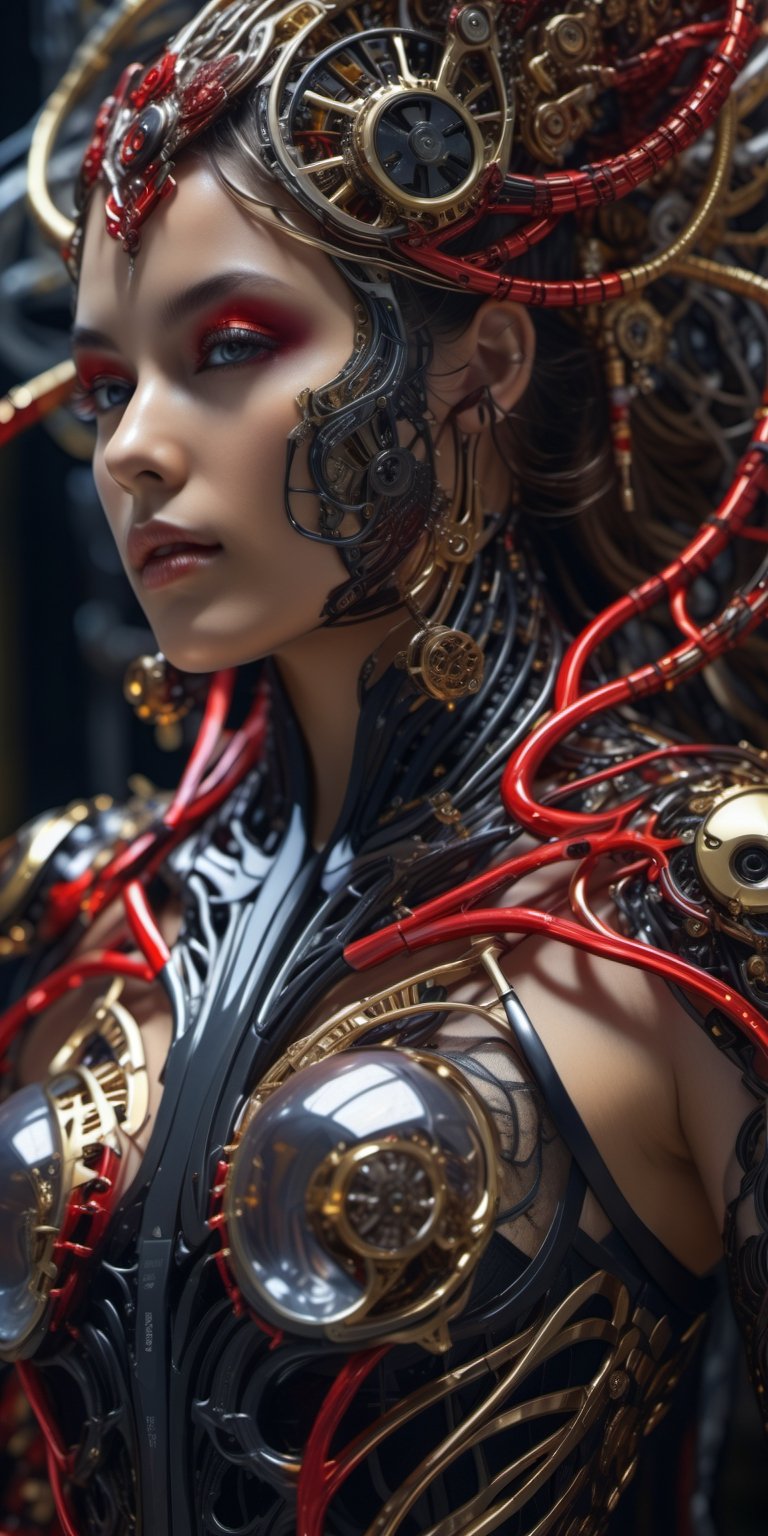 Ultra detailed complex 3d rendering of a beautiful Angel of Death, messy hair,half body view,biomechanical cyborg,, 150mm lens, beautiful soft natural light, large cables, electric_cable,cables, fine foliage lace, colorful details, samourai, Boris Bidjan Saberi outfit, earring pearl, piercing, art nouveau embroidery, intricate details, wire mesh, mandelbrot fractal, anatomical, facial muscles, cable wires, microchip, badass, hyper realistic, ultra detailed, octane rendering, volumetric lighting, 8k post production , black and gold with a bit of red, detailed metallic bones, demi-humans, iridescent colors, Glenn Brown style, black room, power of god, high angle shot, complex body poses,more detail XL,devil eyes,half nude, naked,no_clothes,mad,ch3ls3a,full red iris,big_boobs,big_tits,red_eyes,red lips,in dark laboratory,cyborgs,tentacles,tentacles suit