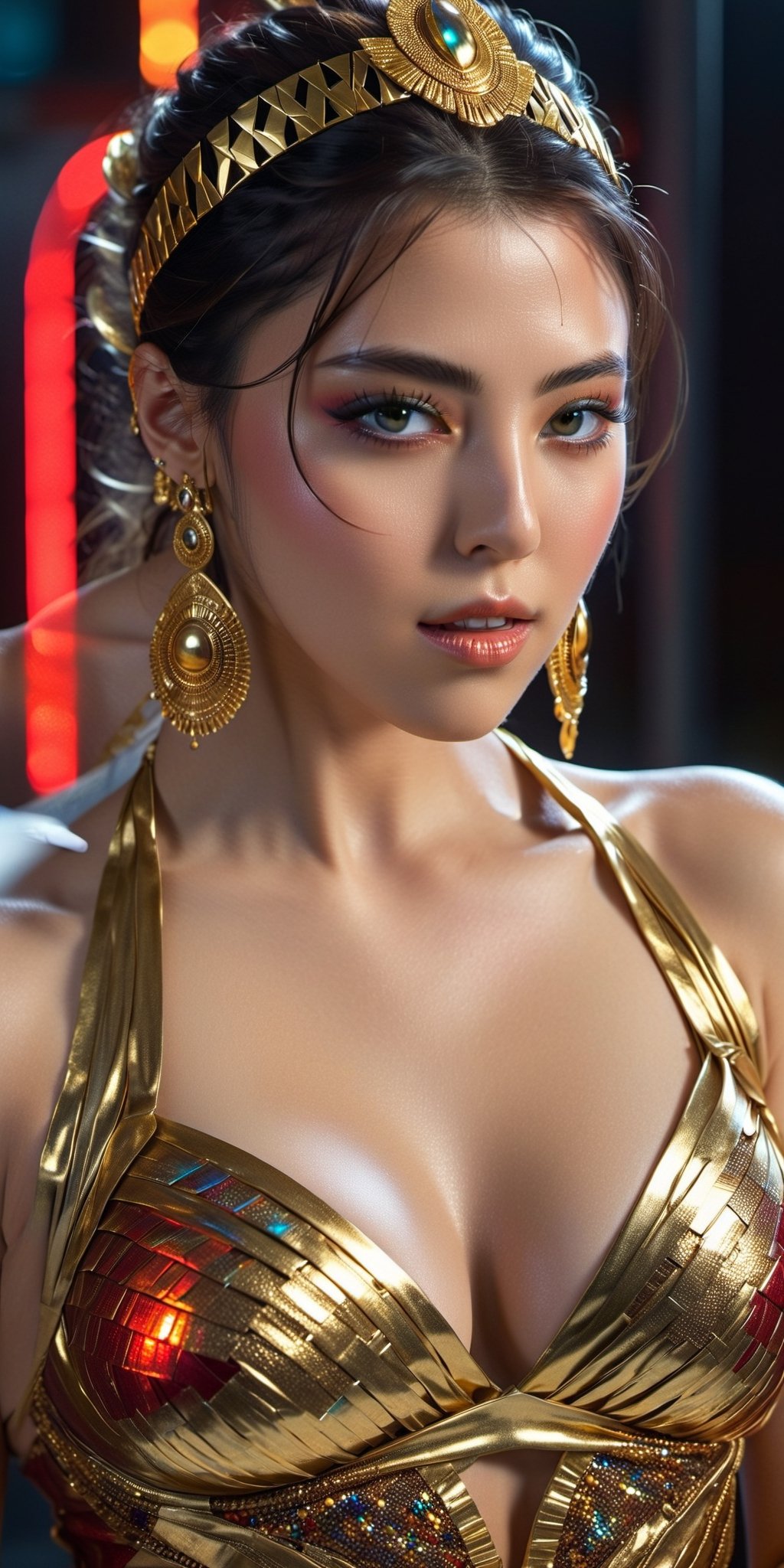 Ultra detailed complex 3d rendering of a beautiful cleopatra, messy hair,, 150mm lens, beautiful soft natural light,wet_clothes, wear cleopatra suit, colorful details, samourai, gold, cleopatra woman,earring pearl, piercing, intricate details, wire mesh anatomical, facial muscles, badass, hyper realistic, ultra detailed, octane rendering, volumetric lighting, 8k post production , iridescent colors, black room, power of god, high angle shot, complex body poses,more detail XL,((big_boobs)),big_tits,red_eyes,red lips,in dark laboratory,frontview,b3rli,cinematic_grain_of_film,xeesoxee