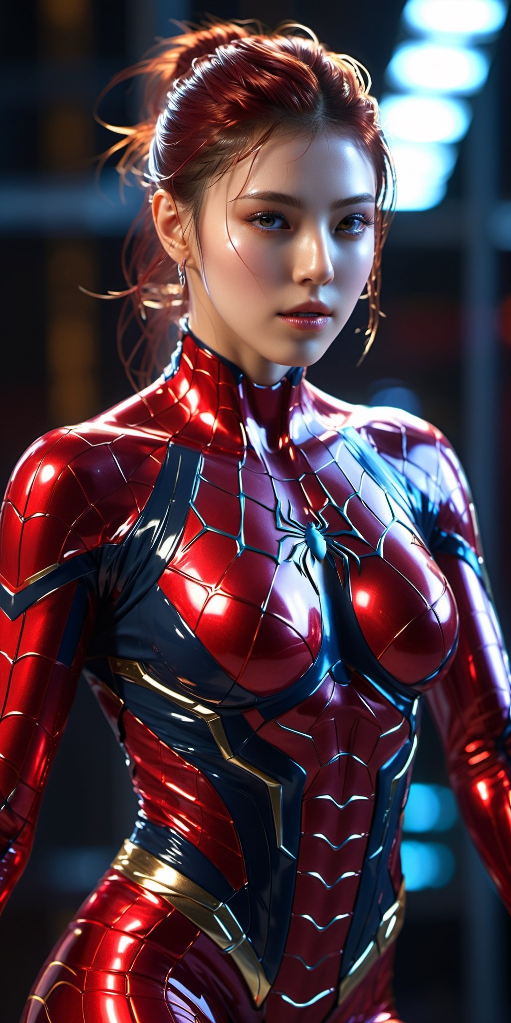 Ultra detailed complex 3d rendering of a beautiful spiderman, messy hair,, 150mm lens, beautiful soft natural light,wet_clothes, wear spiderman suit, colorful details, samourai, spiderman outfit, earring pearl, piercing, intricate details, wire mesh anatomical, facial muscles, cable wires, microchip, badass, hyper realistic, ultra detailed, octane rendering, volumetric lighting, 8k post production , iridescent colors, black room, power of god, high angle shot, complex body poses,more detail XL,devil eyes,half nude, naked,no_clothes,mad,full red iris,((big_boobs)),big_tits,red_eyes,red lips,in dark laboratory,frontview,xeesoxee,ch3ls3a