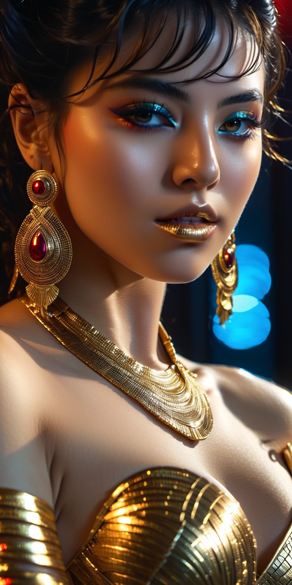 Ultra detailed complex 3d rendering of a beautiful cleopatra, messy hair,, 150mm lens, beautiful soft natural light,wet_clothes, wear cleopatra suit, colorful details, samourai, gold, cleopatra woman,earring pearl, piercing, intricate details, wire mesh anatomical, facial muscles, badass, hyper realistic, ultra detailed, octane rendering, volumetric lighting, 8k post production , iridescent colors, black room, power of god, high angle shot, complex body poses,more detail XL,((big_boobs)),big_tits,red_eyes,red lips,in dark laboratory,frontview,b3rli,cinematic_grain_of_film,xeesoxee