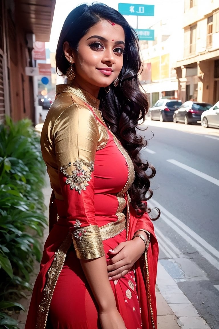 Lovely cute young attractive teenage girl, city girl, 18 years old, cute, an Instagram model, long black_hair, colorful hair one side, shy smile, black red salwar kameez