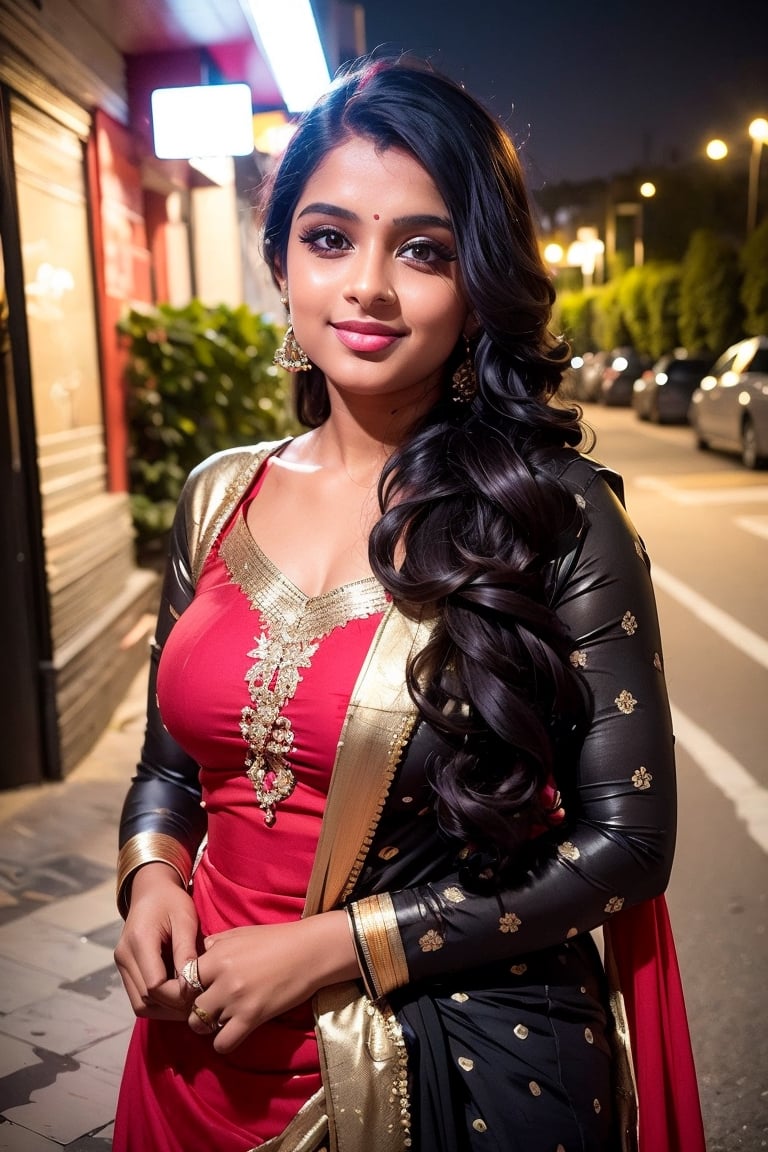 Lovely cute young attractive teenage girl, city girl, 18 years old, cute, an Instagram model, long black_hair, colorful hair one side, shy smile, black red salwar kameez