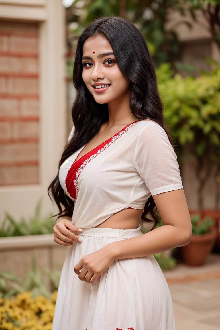 Lovely cute young attractive teenage girl, city girl, 18 years old, cute, an Instagram model, long black_hair, colorful hair one side, shy smile, wearing a frock (( white and red colour)) very realistic, sexy figure, red bindi, healthy body,