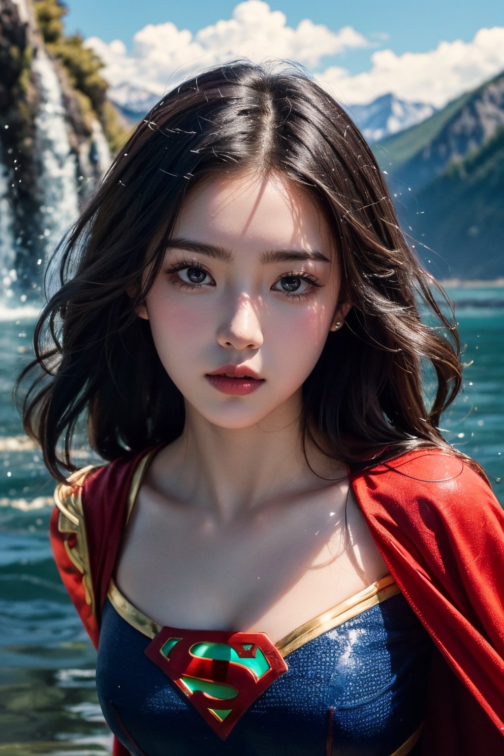 Masterpiece,high quality, Ultra HD, high detailed, supergirl, black costume, water drops on skin, colors dancing in the background, 4k, 8k, top lighting, mountain range background, long flowing black hair, large muscles, cute face, red cape, blue eyes, gazing into the camera ,More Detail