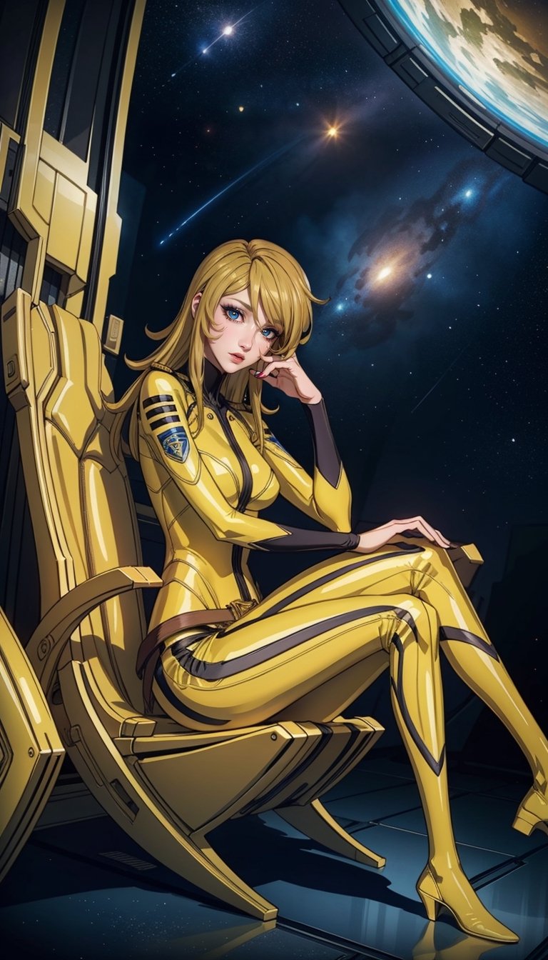 (Yuki Mori, yellow suit, face portrait, sexy gaze, grin, full body, sexy pose, inside a spaceship, space, sitting and legs crossed), Detailed Textures, high quality, high resolution, high Accuracy, realism, color correction, Proper lighting settings, harmonious composition, Behance works,mori yuki