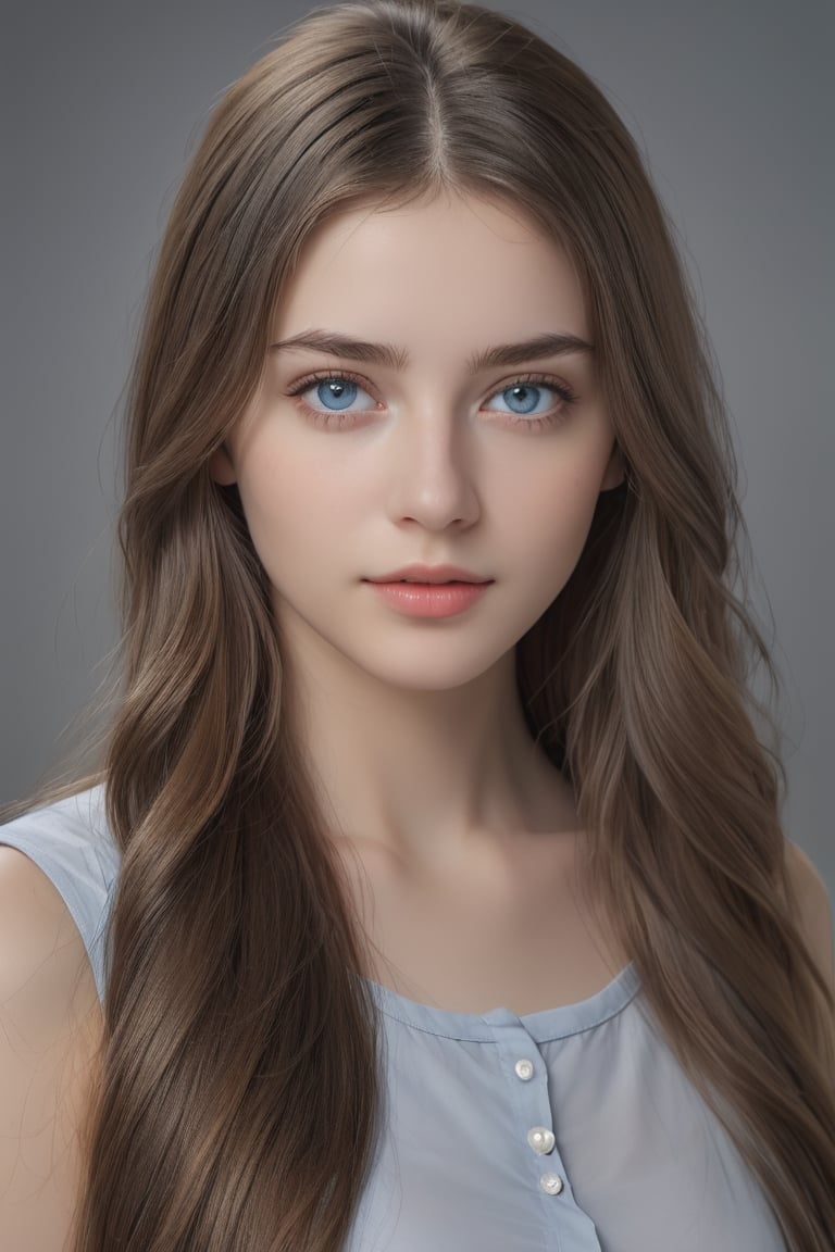 masterpiece, best quality, ultra-detailed, ultra high res, (photorealistic:1.4), raw photo, (realistic:0.2), 8k HDR, realistic lighting, 1girl, solo, looking at viewer, asymmetrical long hair, (detailed oily skin), blue eyes, (detailed face), (simple gray background :1.1), (upper body:1.2)