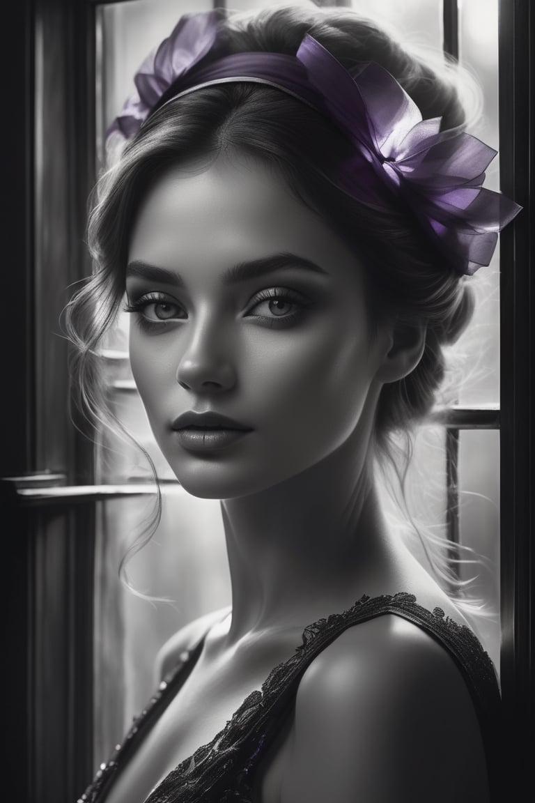 Breathtaking face portrait illustration of beautiful woman in the light coming from window sashes. black and white, dark and moody style, dark background, masterpiece, professional, exquisite details, highly detailed, UHD, 64k,Amethyst 