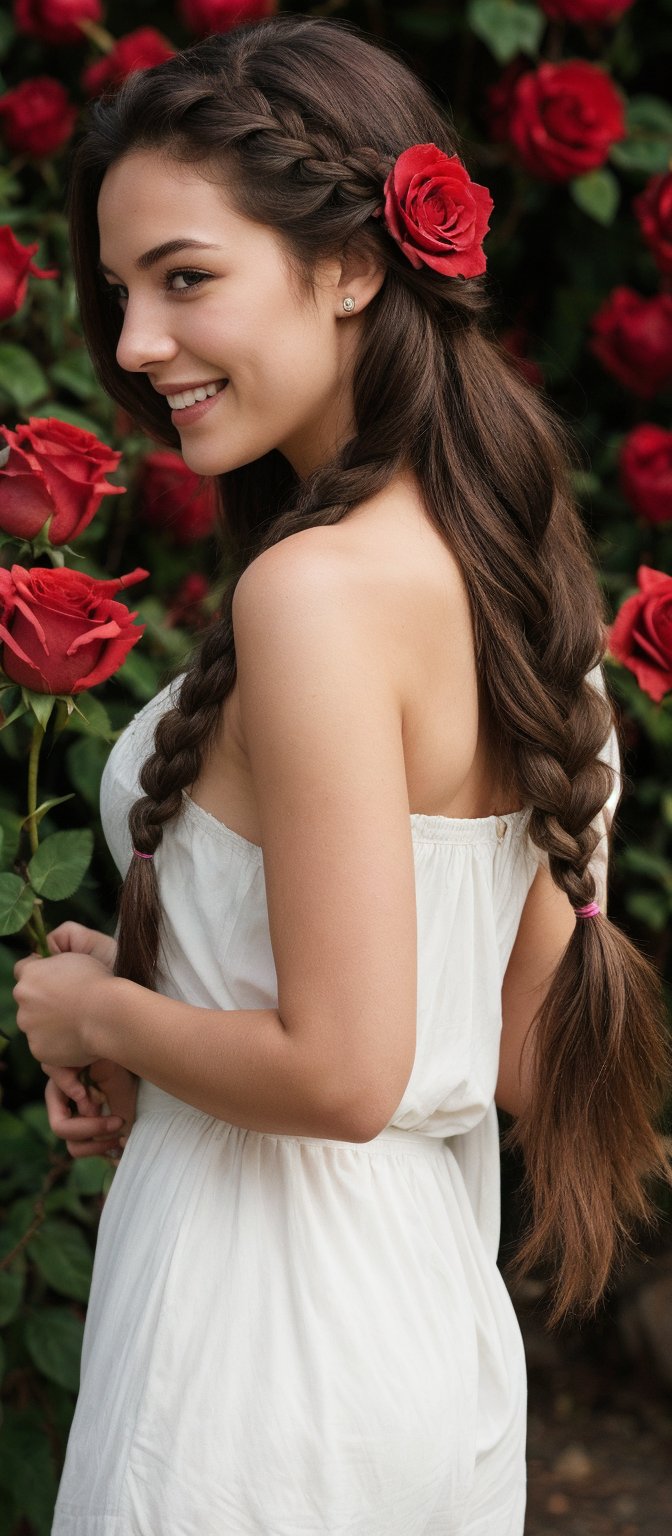 Generate hyper realistic image of a woman with flowing braid that cascades down her back, looking at the viewer with a lustrous smile. Offering someone a red rose. 