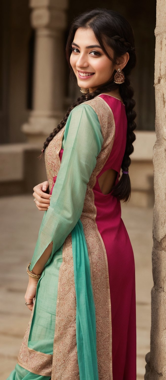 Generate hyper realistic image of a woman with flowing braid that cascades down her back, looking at the viewer with a bright smile. Wearing salwar kameez.