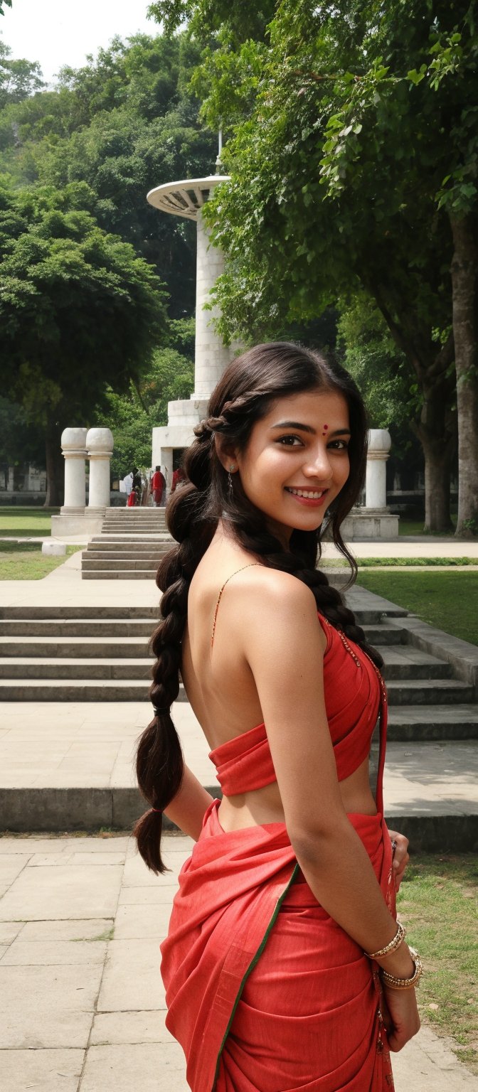 Generate hyper realistic image of a woman with flowing braid that cascades down her back, looking at the viewer with a bright smile. She is wearing saree theme of independence day of bangladesh. Standing in front of shaheed minar.