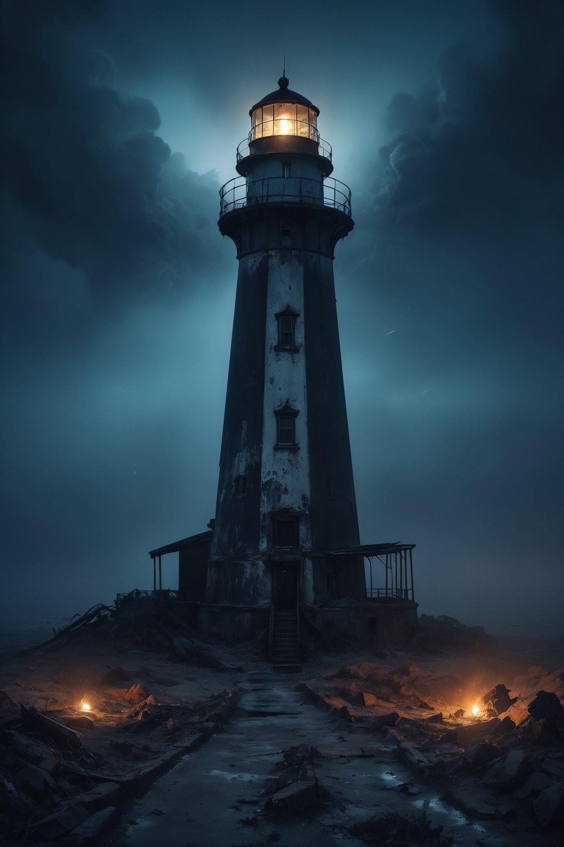 (highly detailed close photography), cinematic colors, texture, film grain, (abandoned Lighthouse :1.2), in the desert, at night (cloudy:0.7), lots of fog, intricate, scary atmosphere, dark vibes, gloomy, hyper detailed, vibrant colours, epic composition, official art, unity 8k wallpaper, ultra detailed, masterpiece, best ,HellAI,Landskaper,fire,skull