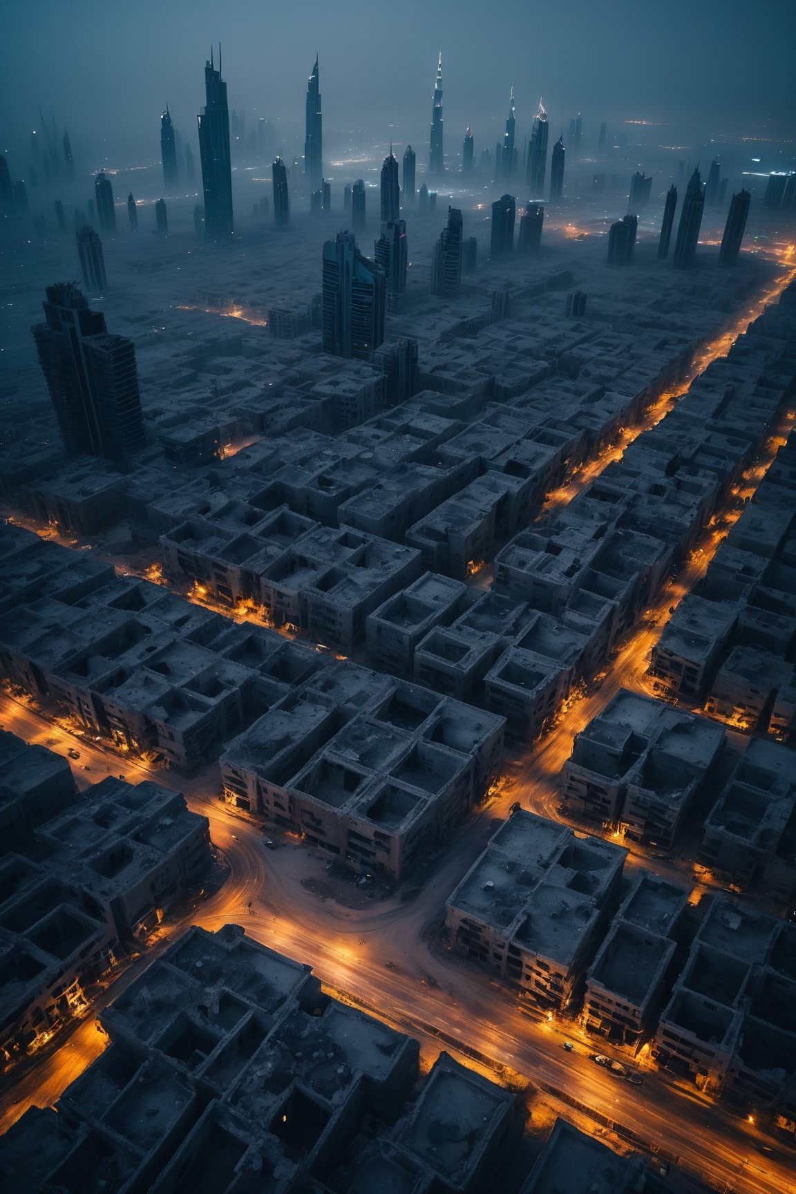 (highly detailed close photography), cinematic colors, texture, film grain, (drone shot:1,1) (abandoned Dubai City:1.2), in the desert, at night (cloudy:0.7), lots of fog, intricate, scary atmosphere, dark vibes, gloomy, hyper detailed, vibrant colours, epic composition, official art, unity 8k wallpaper, ultra detailed, masterpiece, best ,HellAI,Landskaper,fire,skull