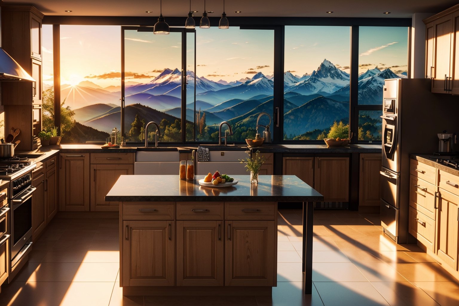 Hyper realistic and hyper detailed photograph 3d render, cgi, symetrical, octane render A happy family having breakfast, the sunrise is seen through the kitchen windows. there is a modern kitchen view. mountains are visible through the window.  (intricate details:1.12), hdr, (intricate details, hyperdetailed:1.15),fujimotostyle