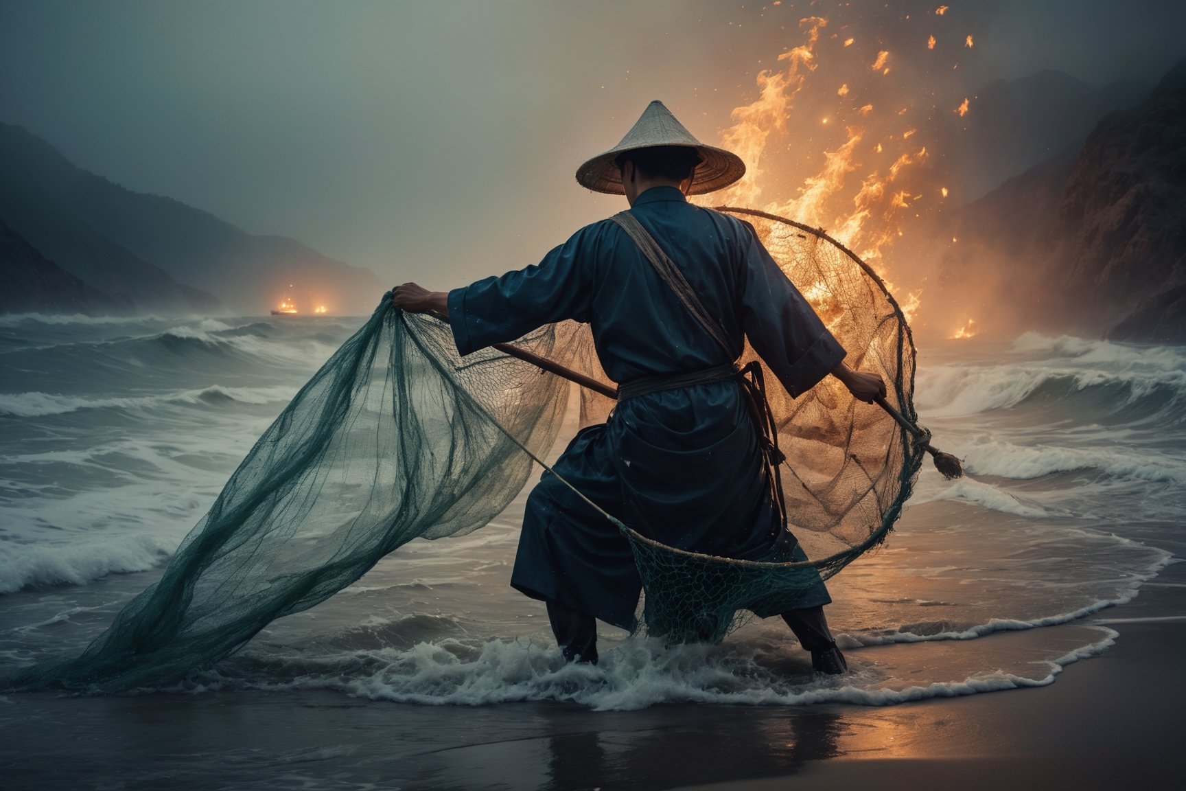 A Taiwanese man (wearing traditional clothes and hat: 1,3),throws a fishing net into the sea from a boat (highly detailed long photography), cinematic colors, texture, film grain, (ful body shot:1,1), in the desert, at night (cloudy:0.7), lots of fog, scary atmosphere, dark vibes, gloomy, hyper detailed, epic composition, official art, unity 8k wallpaper, ultra detailed, masterpiece, best ,HellAI,Landskaper, ((background fire light)), bokeh