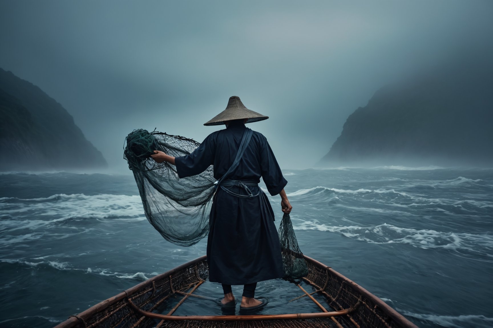 A Taiwanese man (wearing traditional clothes and hat: 1,3),throws a fishing net into the sea from a boat (highly detailed long photography), cinematic colors, texture, film grain, (ful body shot:1,1), at night (cloudy:0.7), lots of fog, scary atmosphere, dark vibes, gloomy, hyper detailed, epic composition, official art, unity 8k wallpaper, ultra detailed, masterpiece, best ,HellAI,Landskaper, ((background fire light)), bokeh