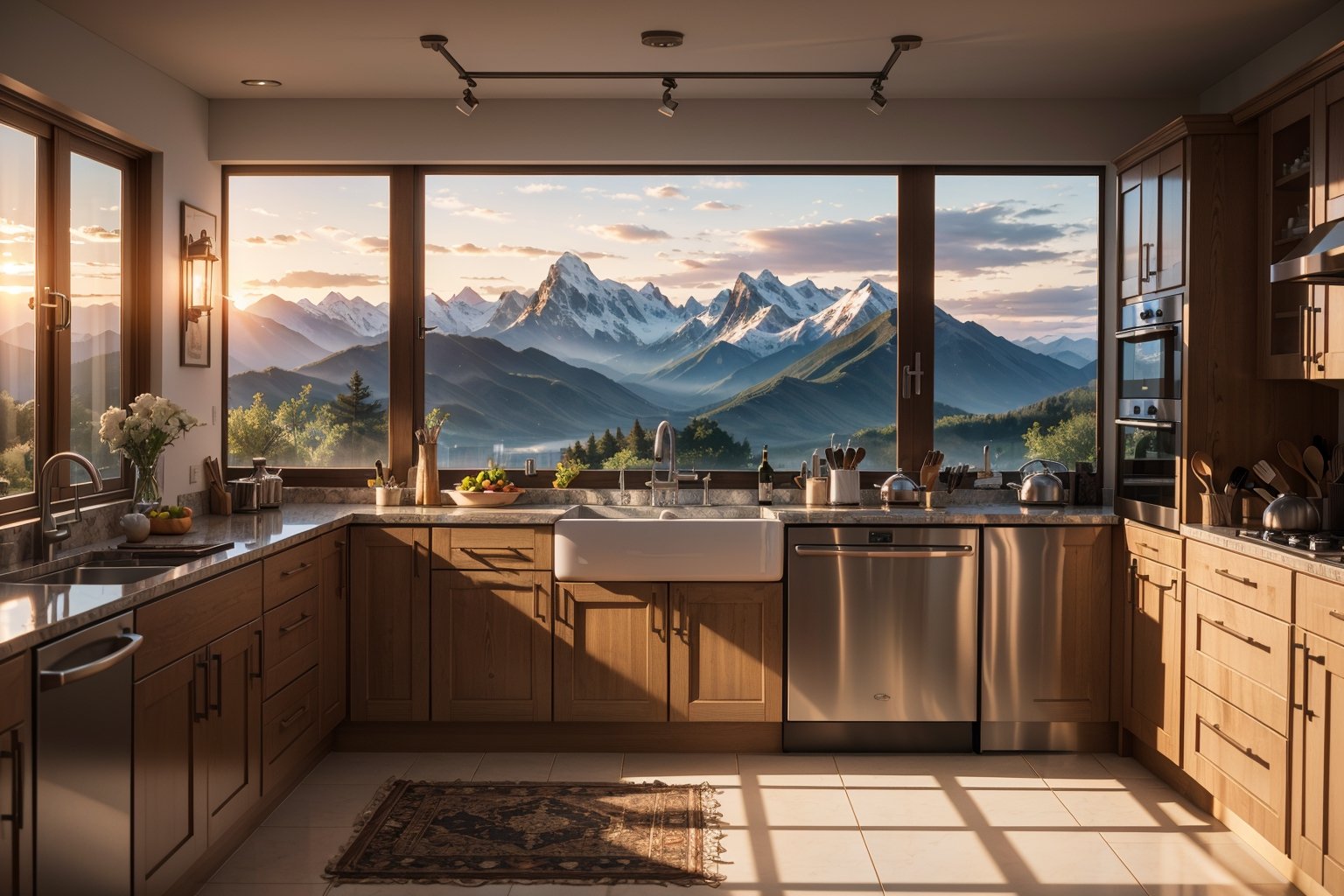 Hyper realistic and hyper detailed photograph 3d render, cgi, symetrical, octane render A happy family having breakfast, the sunrise is seen through the kitchen windows. there is a modern kitchen view. mountains are visible through the window.  (intricate details:1.12), hdr, (intricate details, hyperdetailed:1.15)