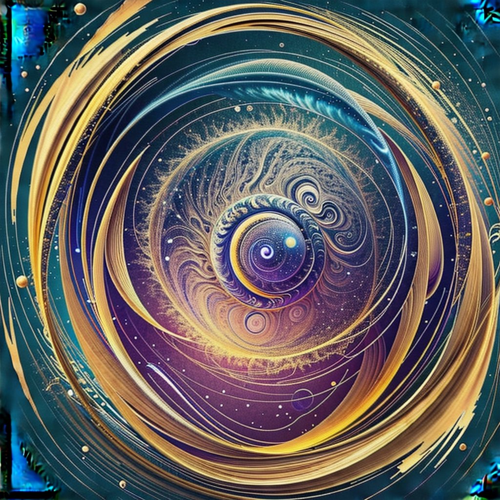 Create a visual exploring the abstract universe representing the two substances above the seven celestial wheels, delving into the mystery of existence beyond light. Shapeless and profound, bring together these entities beyond matter in a design that transcends the material realm.,fantasy