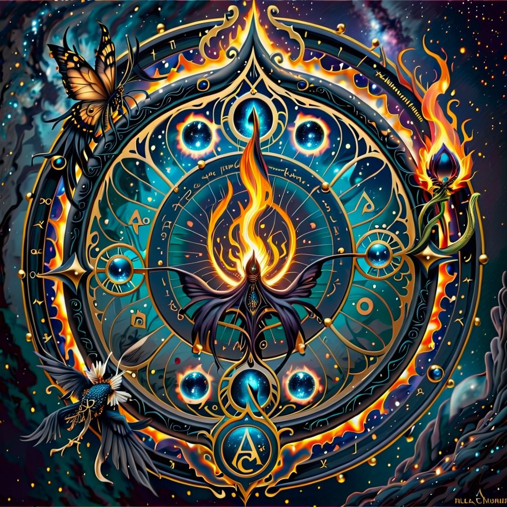 Design a captivating visual representation of the alchemical transformation process using the symbolism of the black flame. Incorporate key alchemical and magikal symbols to illustrate the stages of metamorphosis, portraying the journey from darkness to enlightenment. Ensure clarity in depicting the intricate interplay of symbols, capturing the essence of inner alchemy and spiritual evolution.,Extremely Realistic