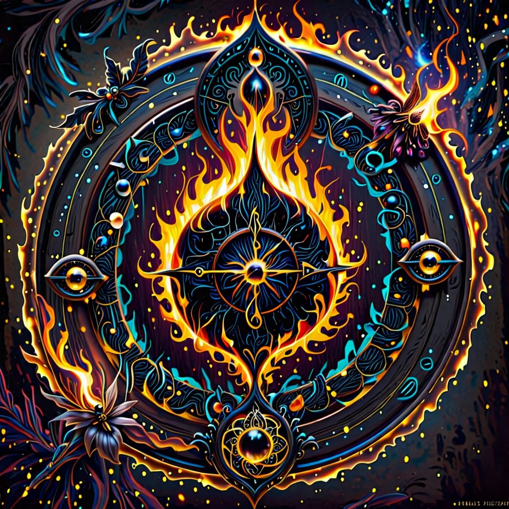 Design a captivating visual representation of the alchemical transformation process using the symbolism of the black flame. Incorporate key alchemical and magikal symbols to illustrate the stages of metamorphosis, portraying the journey from darkness to enlightenment. Ensure clarity in depicting the intricate interplay of symbols, capturing the essence of inner alchemy and spiritual evolution.,Extremely Realistic