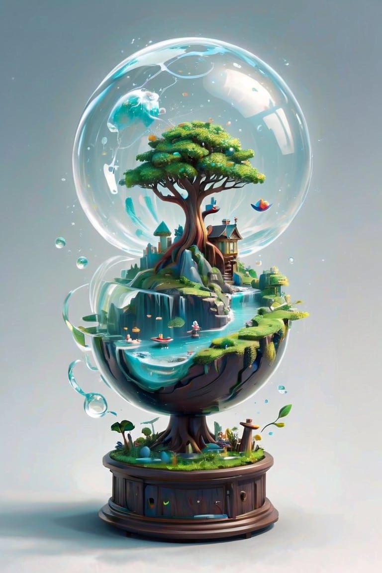 (best quality), (4k resolution), creative illustration of a miniature world on a white pedestal. The world is a green sphere with various natural and artificial elements. There is a river, trees, mountains, and a small house on the sphere. The image has a minimalist style with a light color palette that creates a contrast with the white background. The image gives a sense of wonder and curiosity about the tiny world and its inhabitants.,ff14bg,High detailed