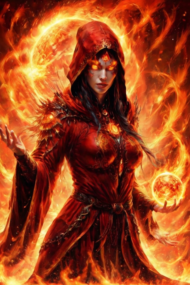 A fire sorceress in red and black, in hooded robes, fire bending, surrounded by energitic crystals, photo r3al,LegendDarkFantasy,fire element,engulf in flame,burningeyes, mars, planetary,planet mars surrounds